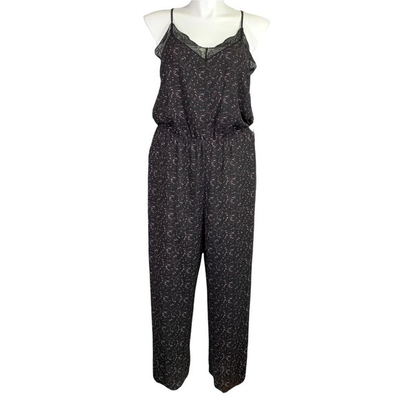 1 State Womens Jumpsuit Pants Lace Trimmed Floral Spaghetti Strap Black Red XL - Picture 1 of 16